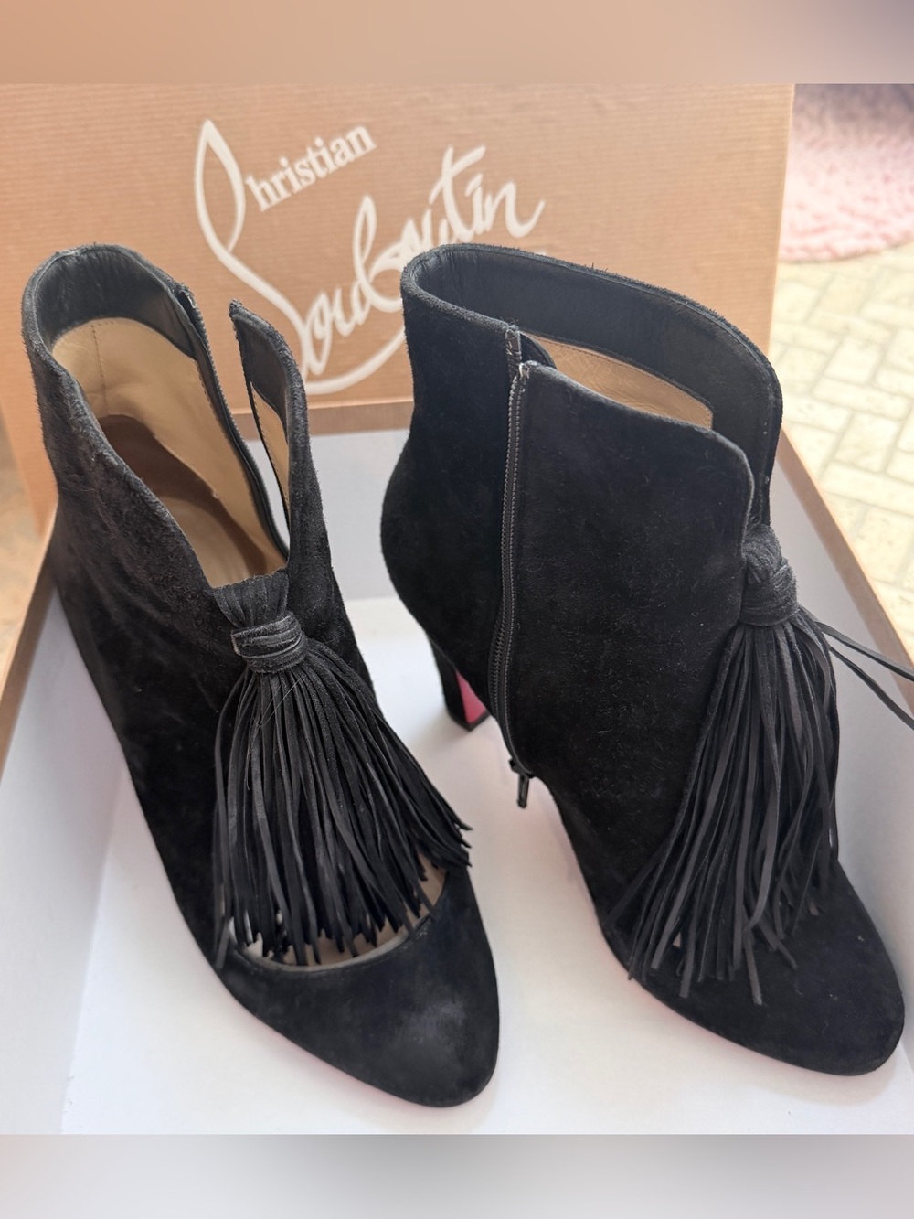 Christian Louboutin Black Suede Tassel Pointed Toe Ankle Boots